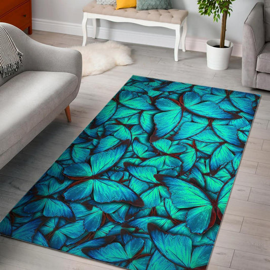 Turquoise Butterfly Pattern Print Area Rug