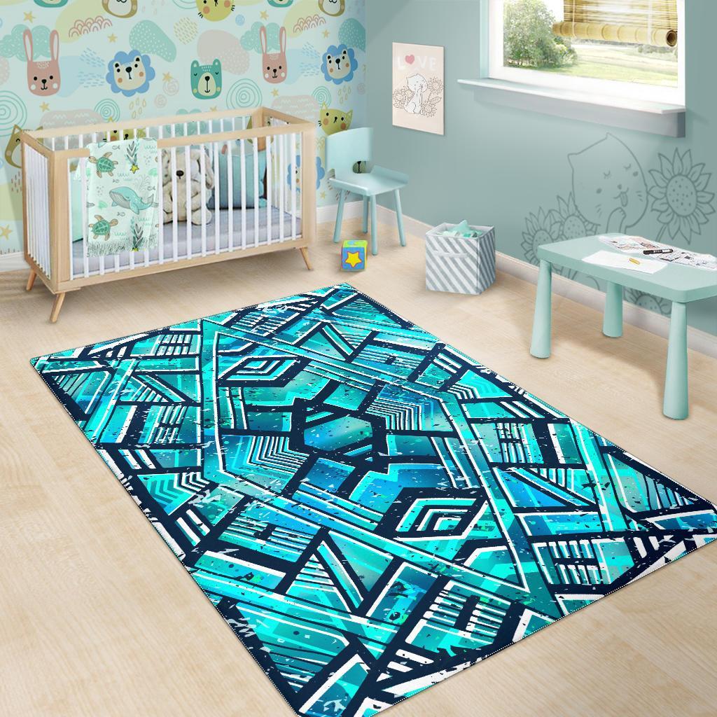 Turquoise Ethnic Aztec Trippy Print Area Rug
