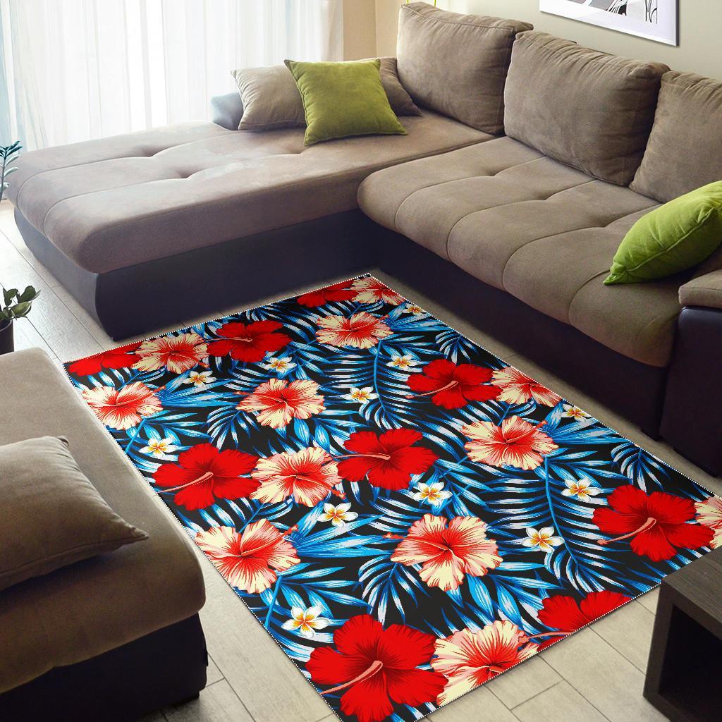 Turquoise Leaves Hibiscus Pattern Print Area Rug