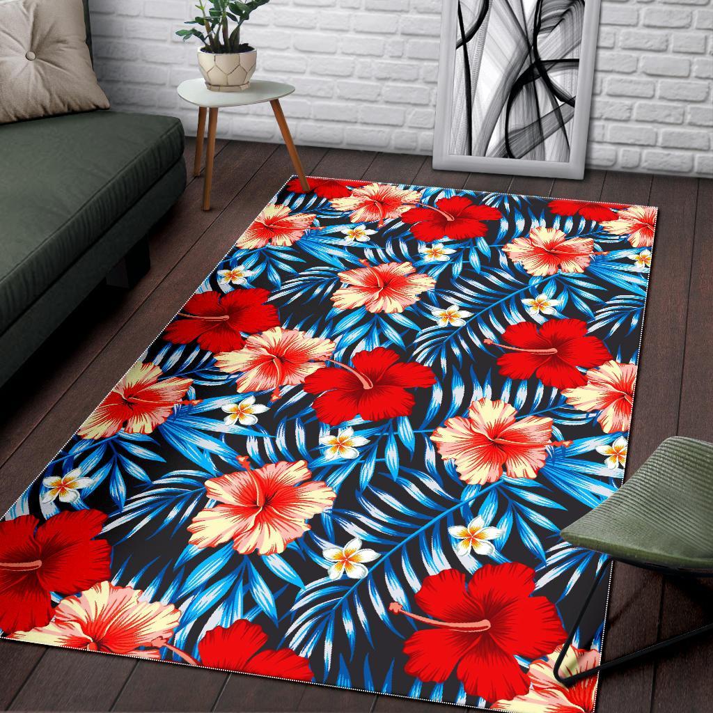 Turquoise Leaves Hibiscus Pattern Print Area Rug