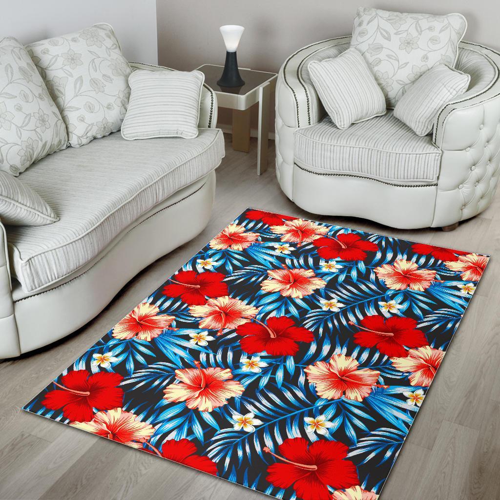 Turquoise Leaves Hibiscus Pattern Print Area Rug
