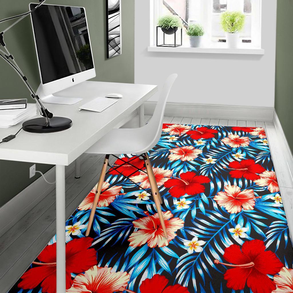 Turquoise Leaves Hibiscus Pattern Print Area Rug