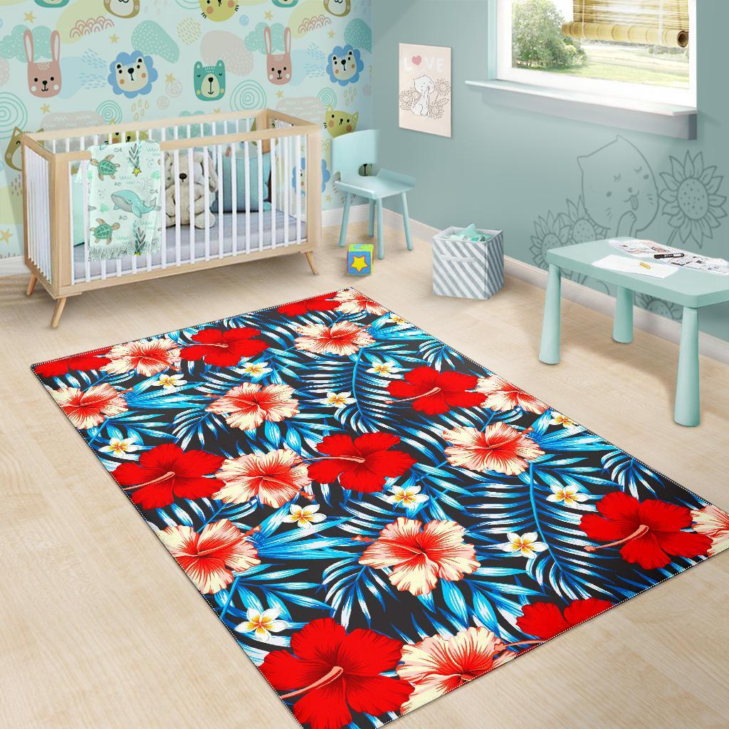 Turquoise Leaves Hibiscus Pattern Print Area Rug