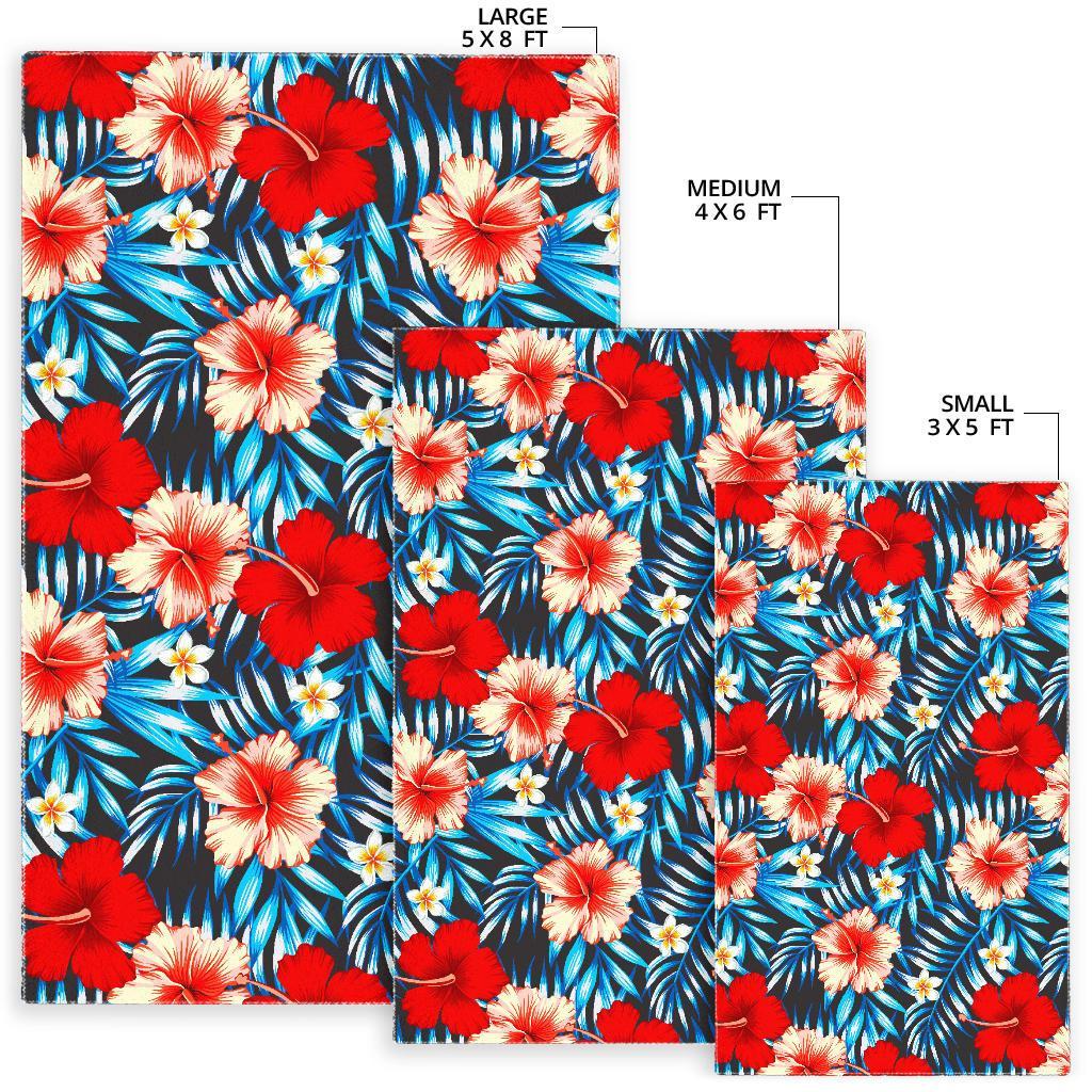 Turquoise Leaves Hibiscus Pattern Print Area Rug