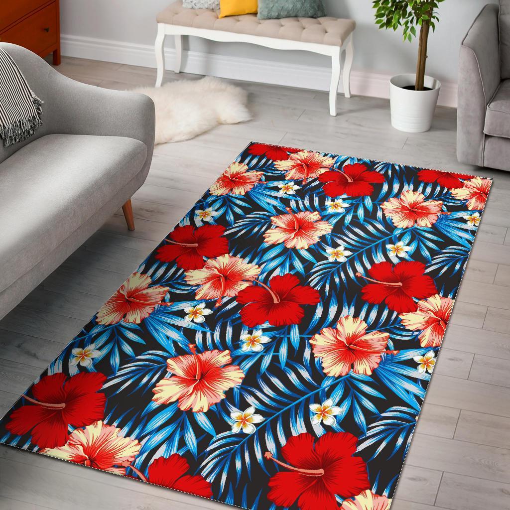 Turquoise Leaves Hibiscus Pattern Print Area Rug