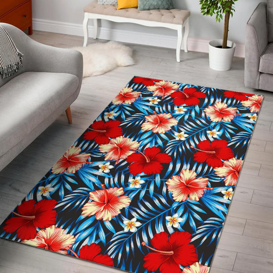 Turquoise Leaves Hibiscus Pattern Print Area Rug