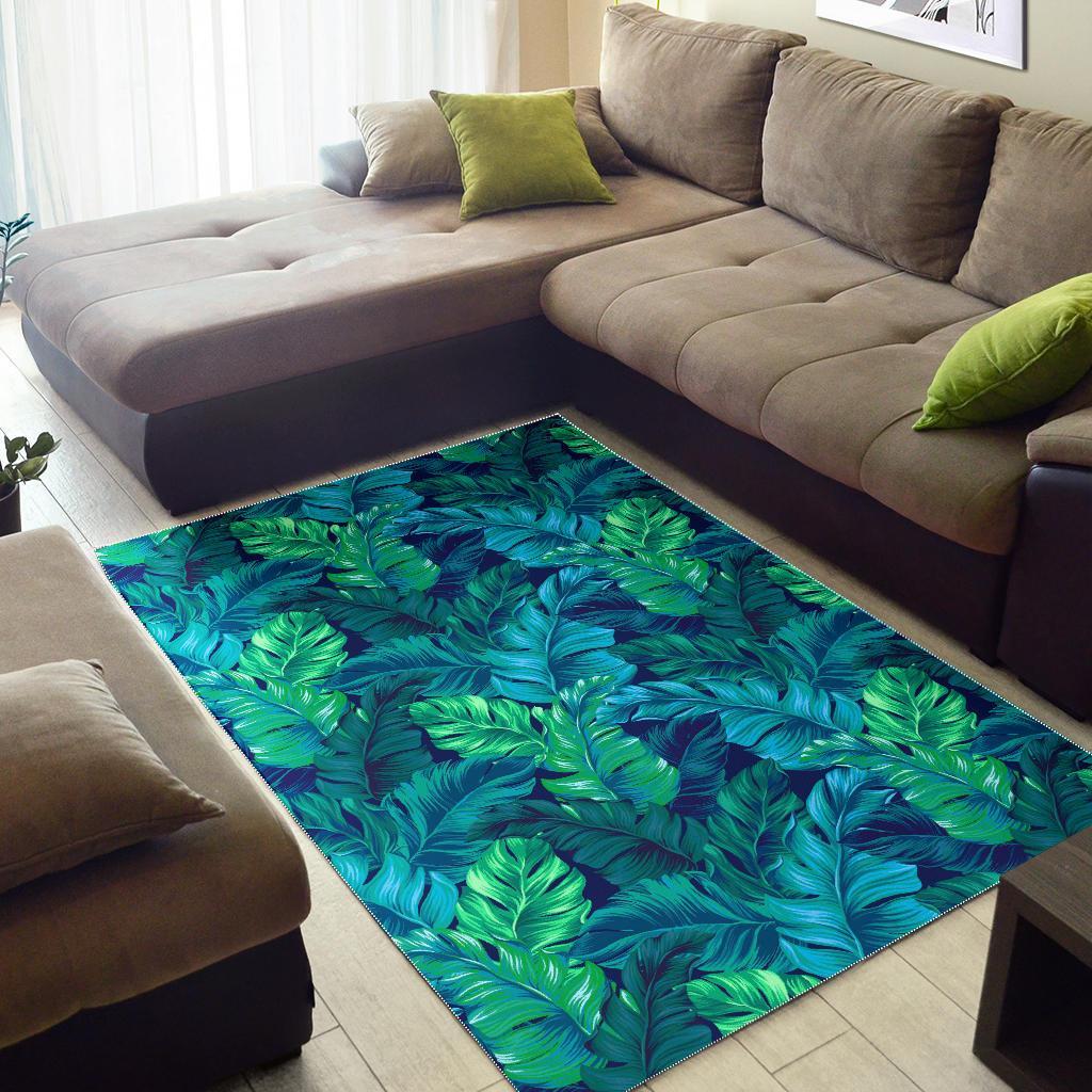 Turquoise Tropical Leaf Pattern Print Area Rug