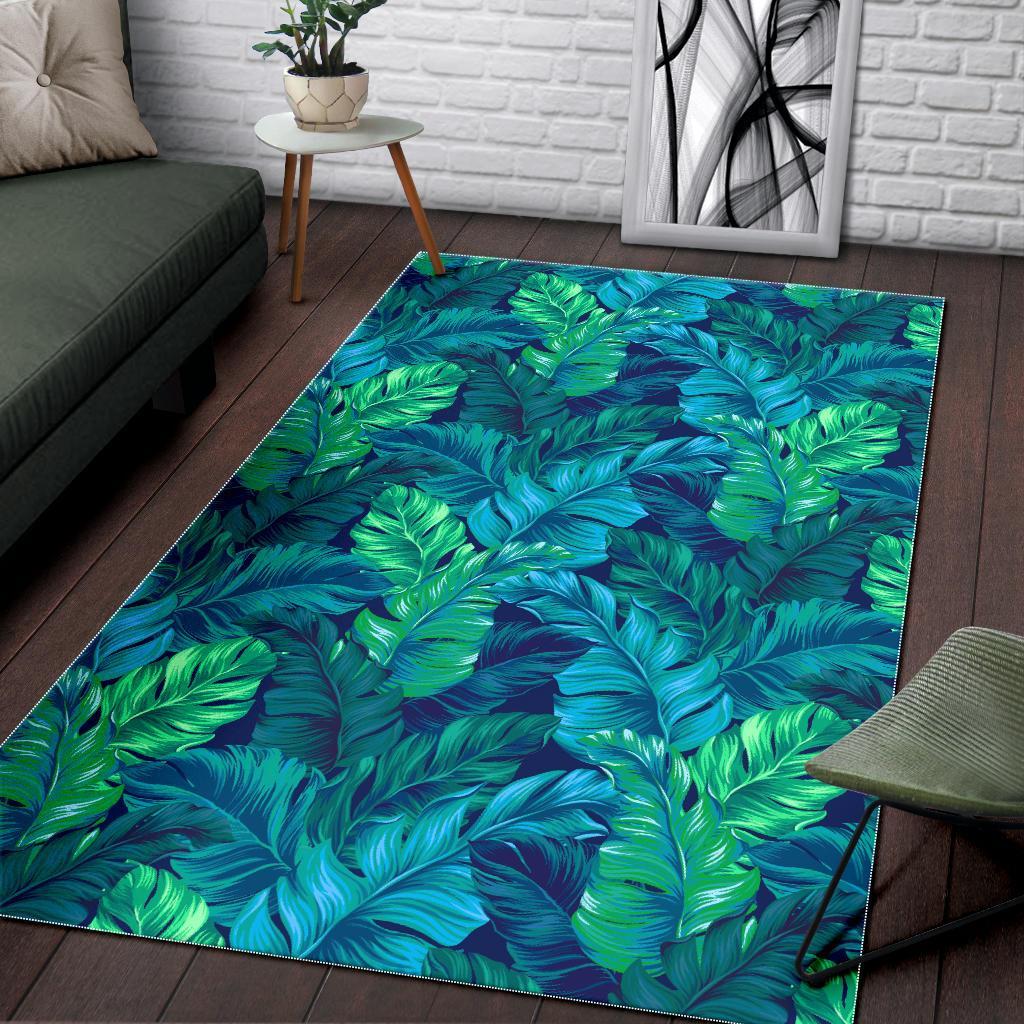 Turquoise Tropical Leaf Pattern Print Area Rug