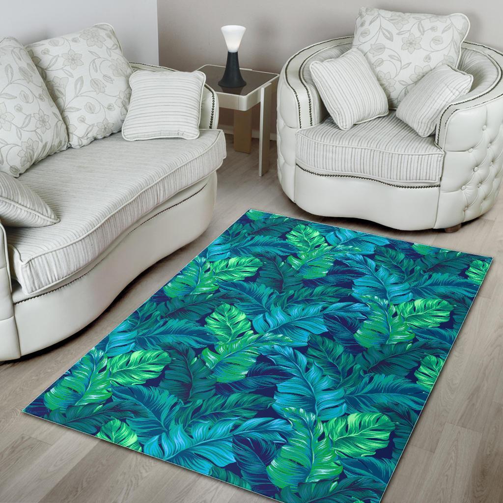Turquoise Tropical Leaf Pattern Print Area Rug