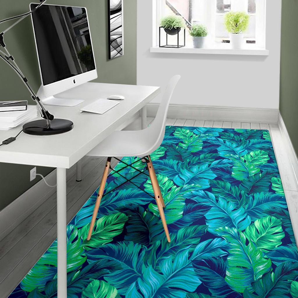 Turquoise Tropical Leaf Pattern Print Area Rug