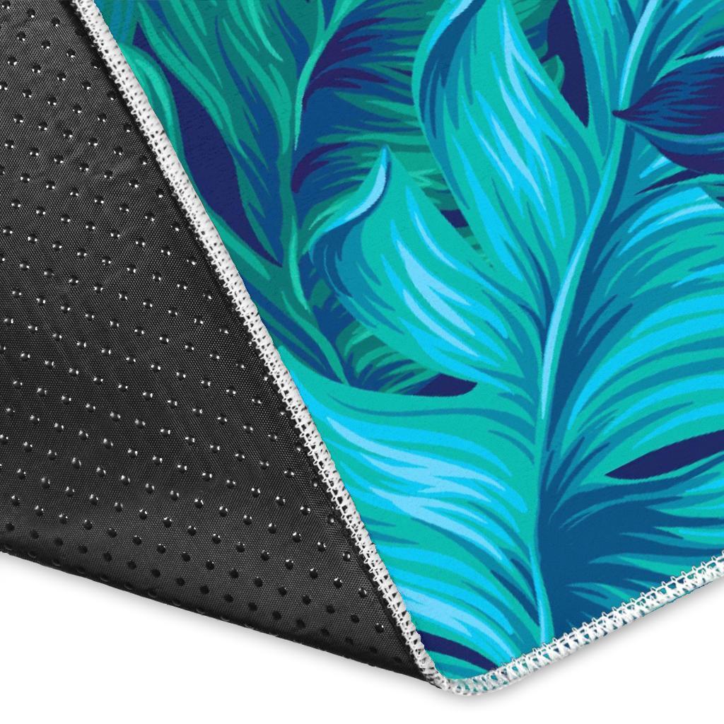 Turquoise Tropical Leaf Pattern Print Area Rug