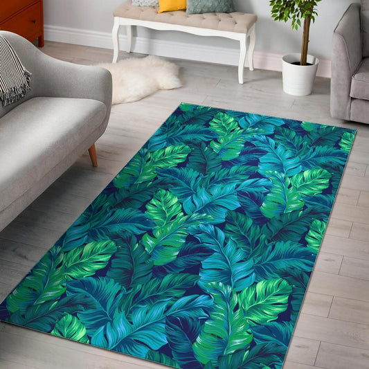 Turquoise Tropical Leaf Pattern Print Area Rug