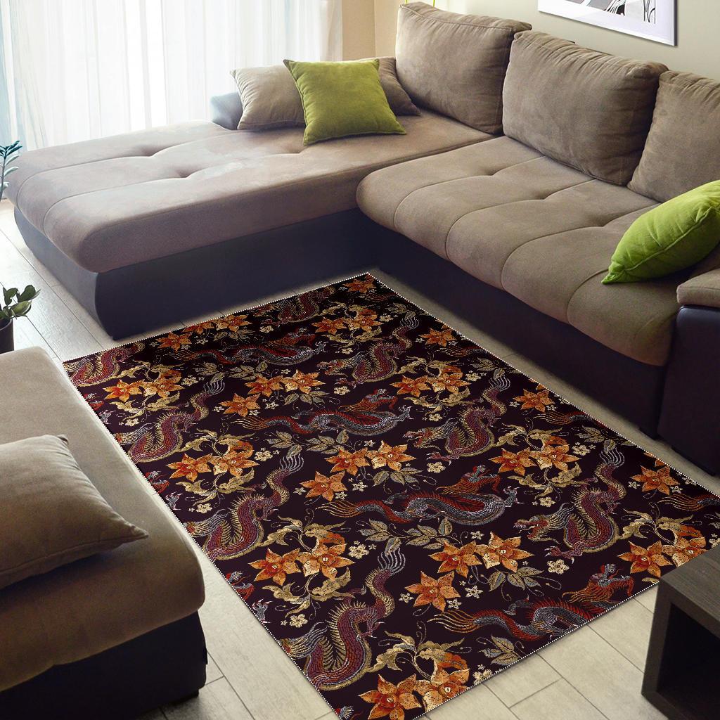 Vintage Dragon Flower Pattern Print Area Rug
