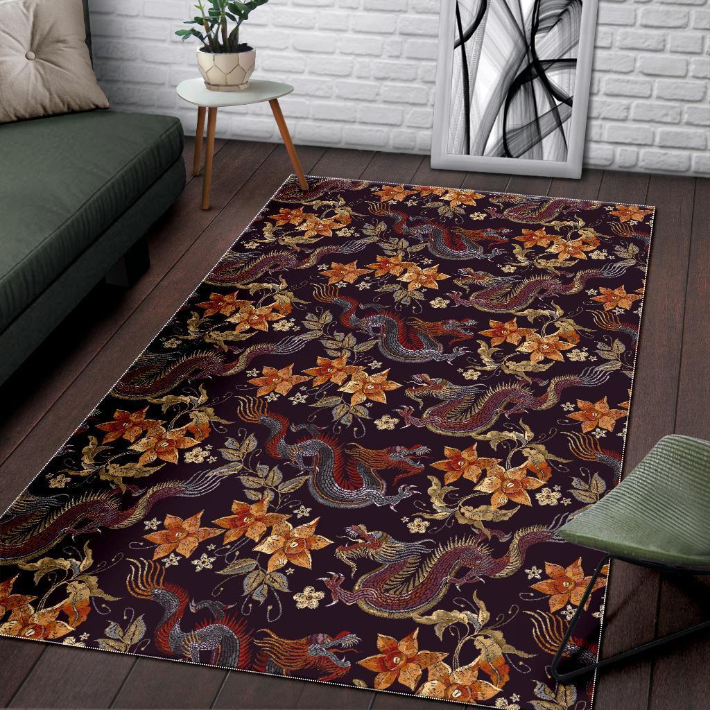 Vintage Dragon Flower Pattern Print Area Rug