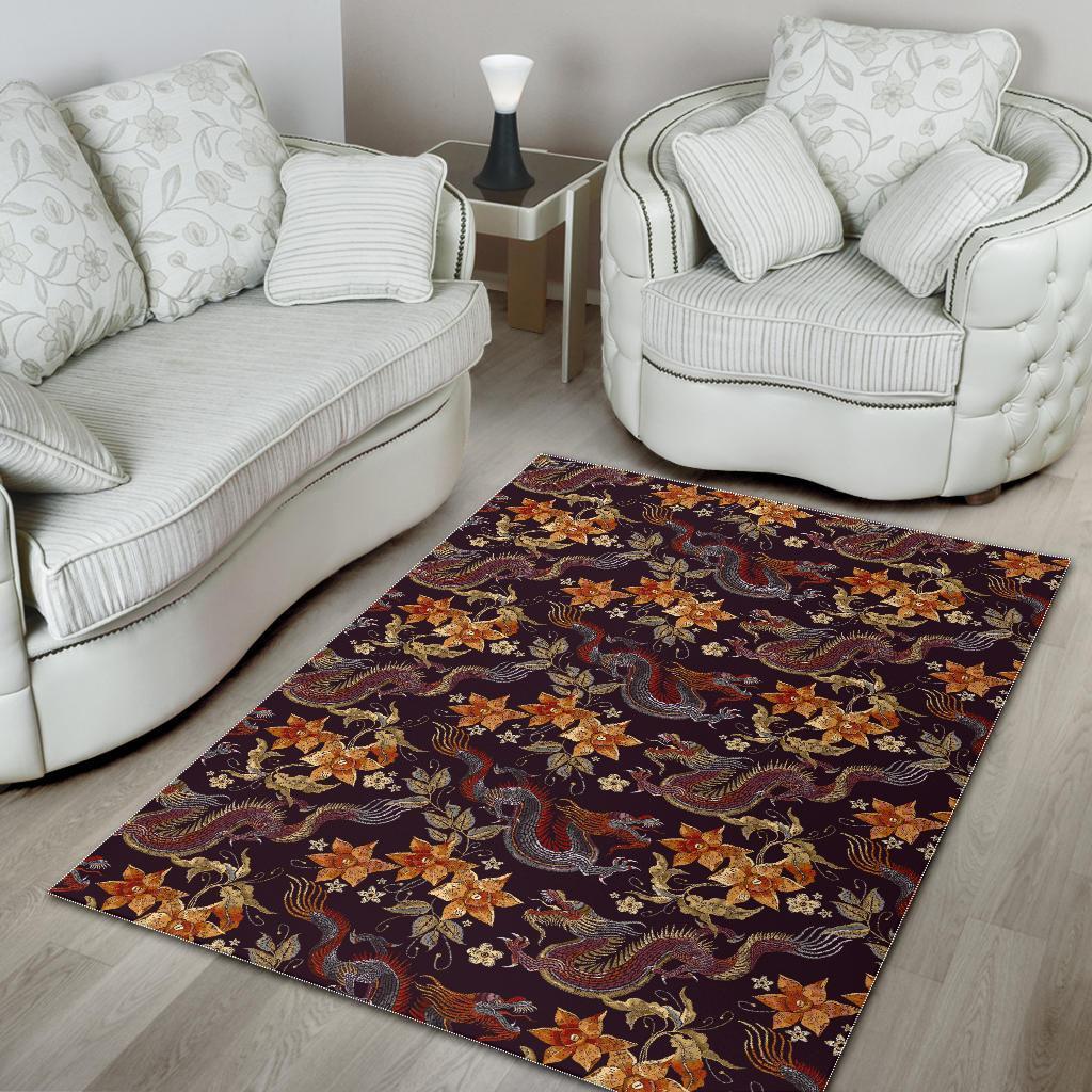 Vintage Dragon Flower Pattern Print Area Rug