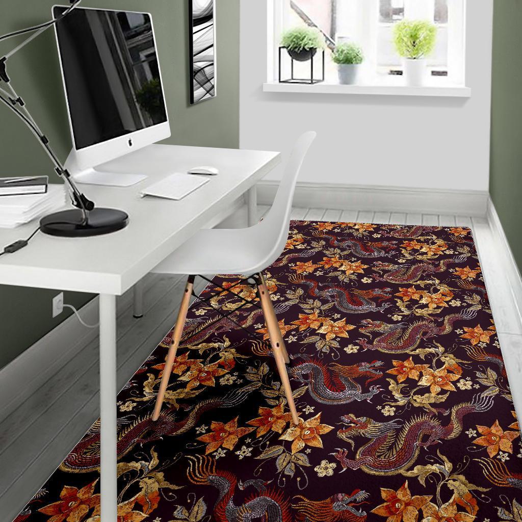 Vintage Dragon Flower Pattern Print Area Rug