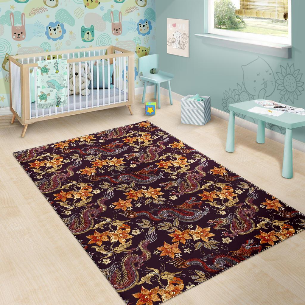 Vintage Dragon Flower Pattern Print Area Rug