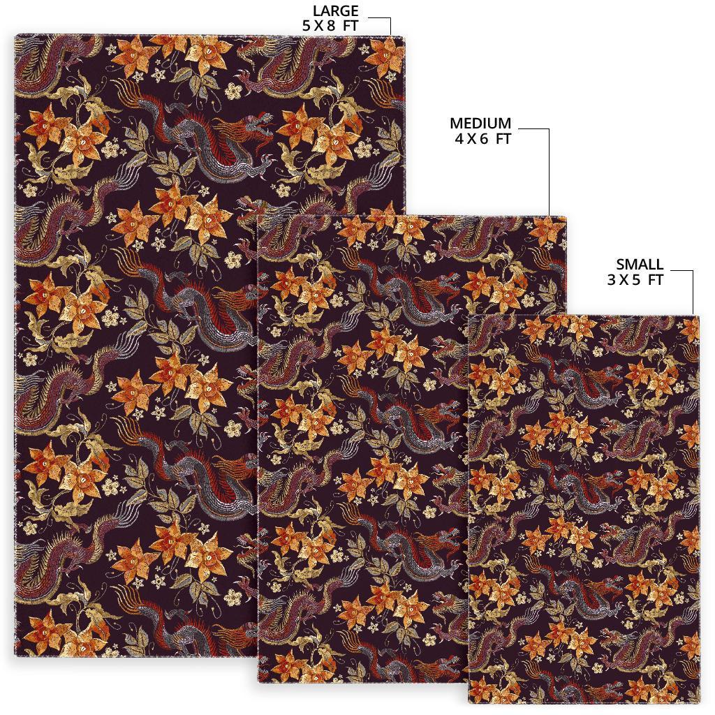Vintage Dragon Flower Pattern Print Area Rug