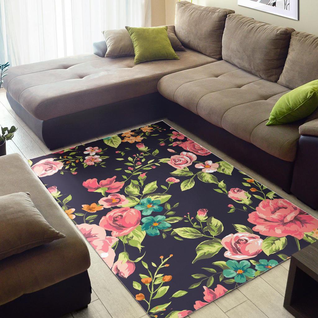 Vintage Rose Floral Flower Pattern Print Area Rug