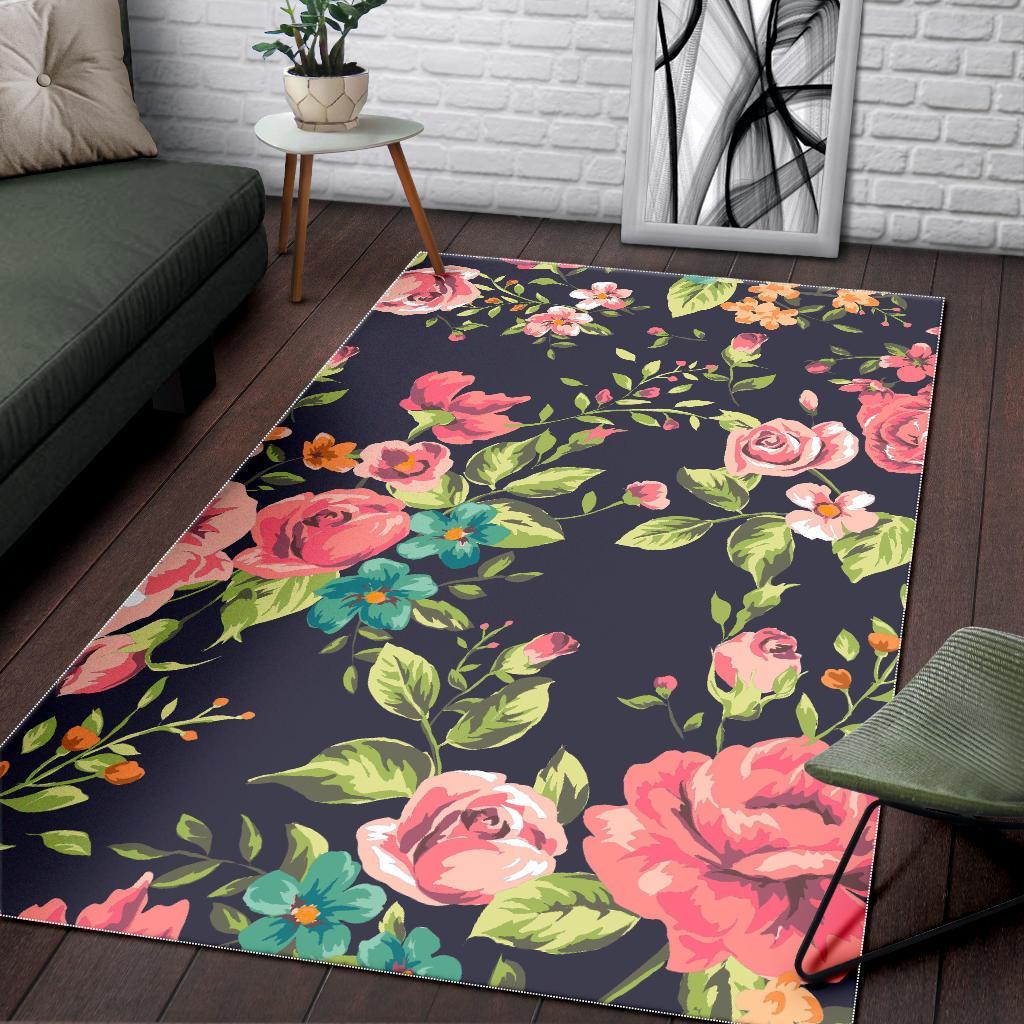 Vintage Rose Floral Flower Pattern Print Area Rug
