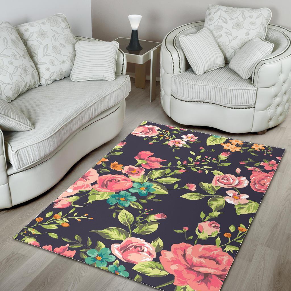 Vintage Rose Floral Flower Pattern Print Area Rug