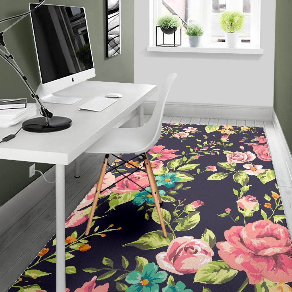 Vintage Rose Floral Flower Pattern Print Area Rug