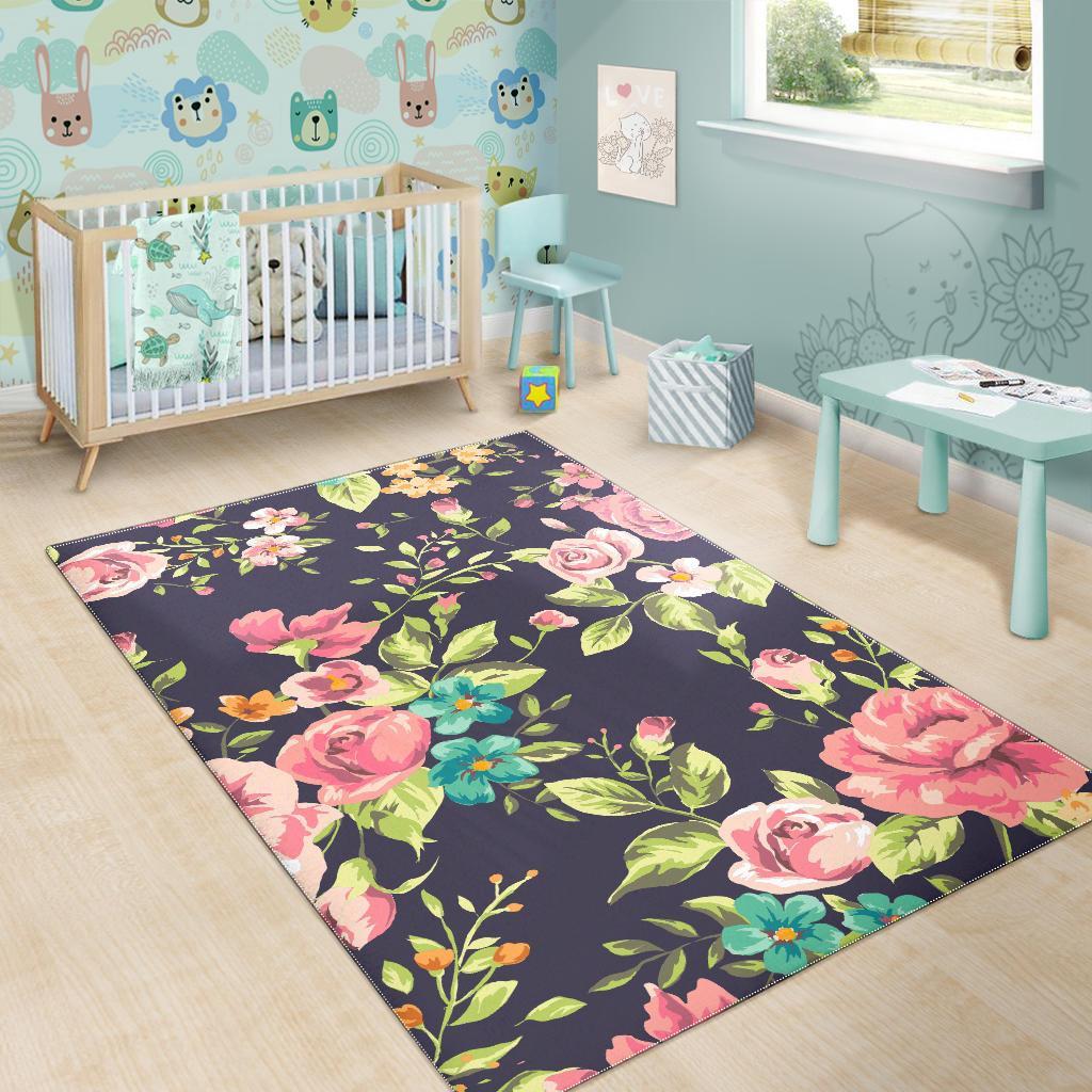 Vintage Rose Floral Flower Pattern Print Area Rug