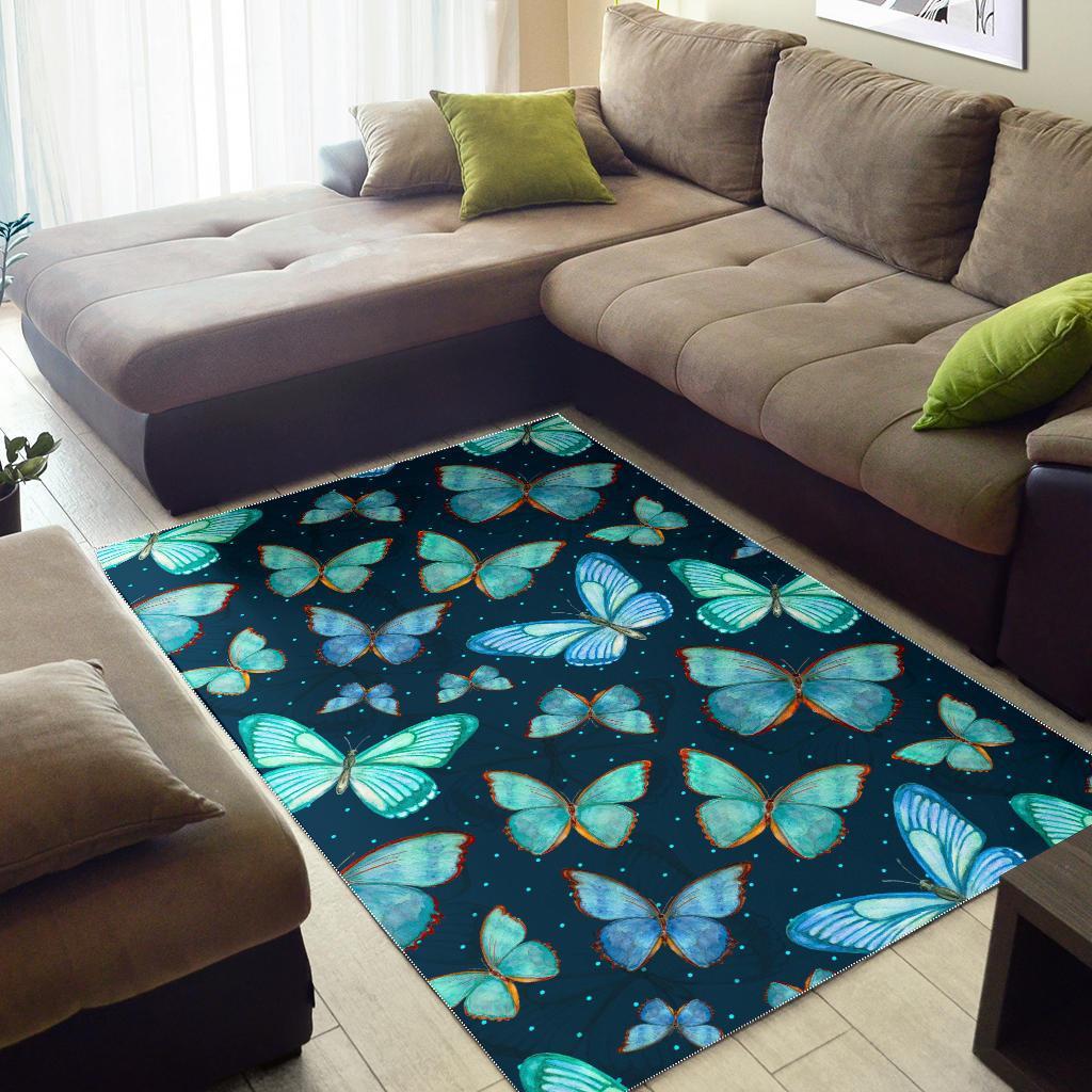 Watercolor Blue Butterfly Pattern Print Area Rug