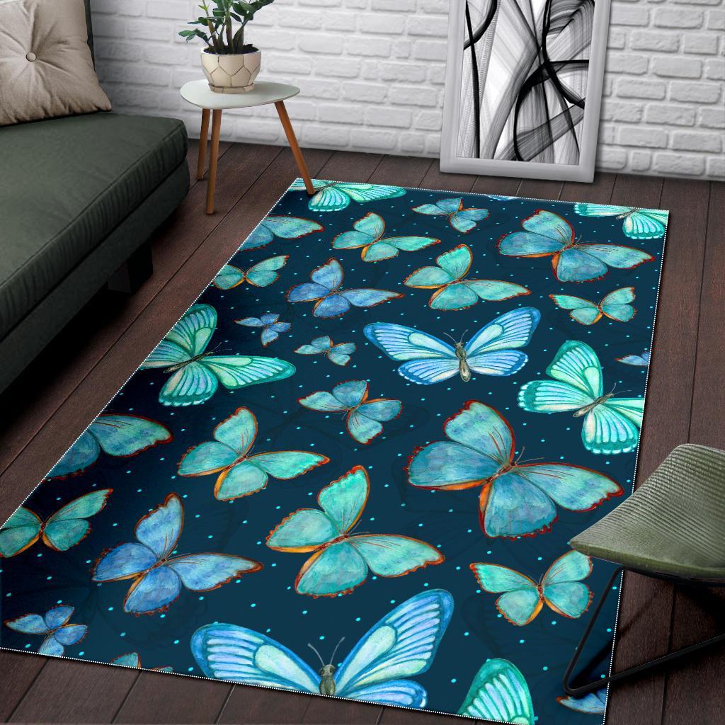 Watercolor Blue Butterfly Pattern Print Area Rug