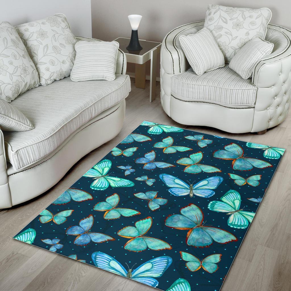 Watercolor Blue Butterfly Pattern Print Area Rug