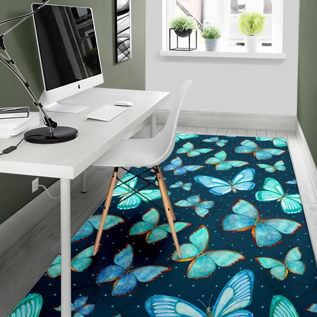 Watercolor Blue Butterfly Pattern Print Area Rug