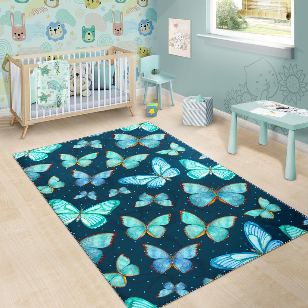 Watercolor Blue Butterfly Pattern Print Area Rug