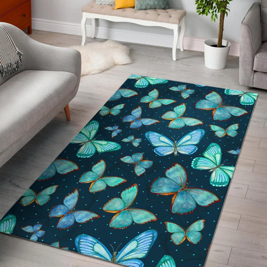 Watercolor Blue Butterfly Pattern Print Area Rug