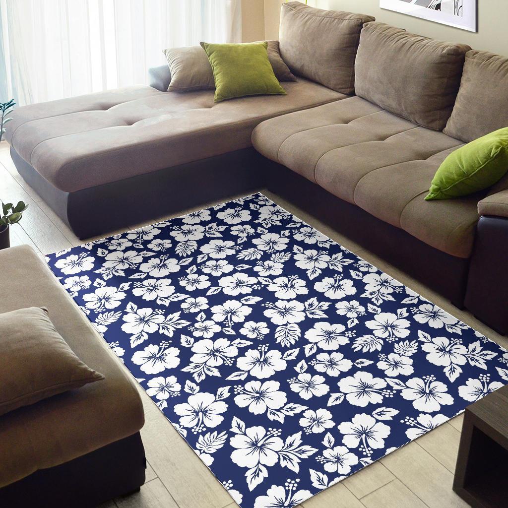 White Blue Hibiscus Floral Pattern Print Area Rug