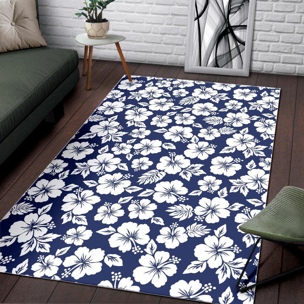 White Blue Hibiscus Floral Pattern Print Area Rug