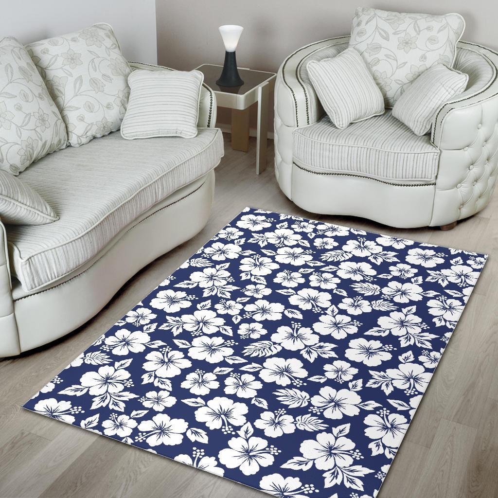 White Blue Hibiscus Floral Pattern Print Area Rug