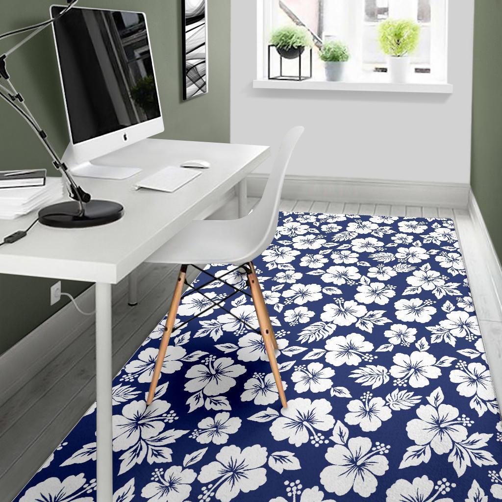 White Blue Hibiscus Floral Pattern Print Area Rug