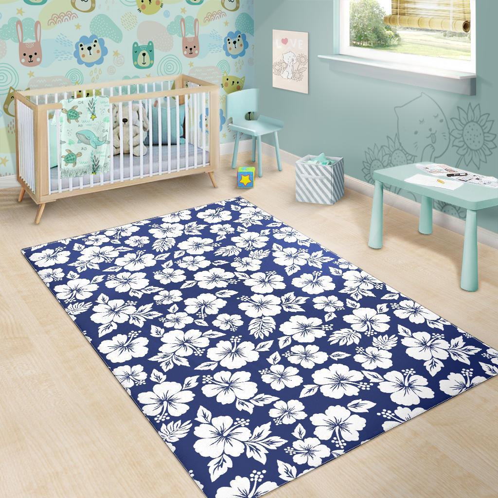 White Blue Hibiscus Floral Pattern Print Area Rug