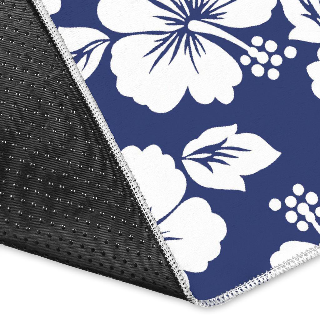 White Blue Hibiscus Floral Pattern Print Area Rug