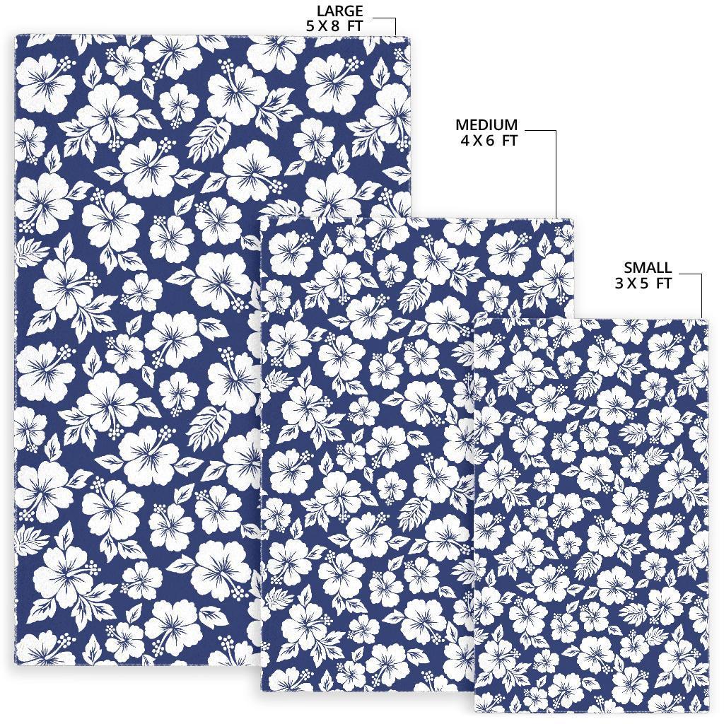 White Blue Hibiscus Floral Pattern Print Area Rug