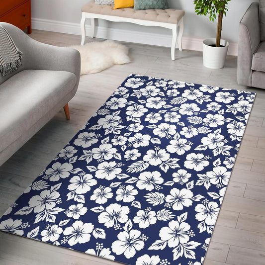 White Blue Hibiscus Floral Pattern Print Area Rug