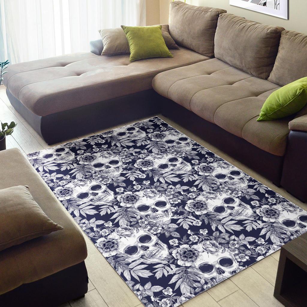 White Blue Skull Floral Pattern Print Area Rug
