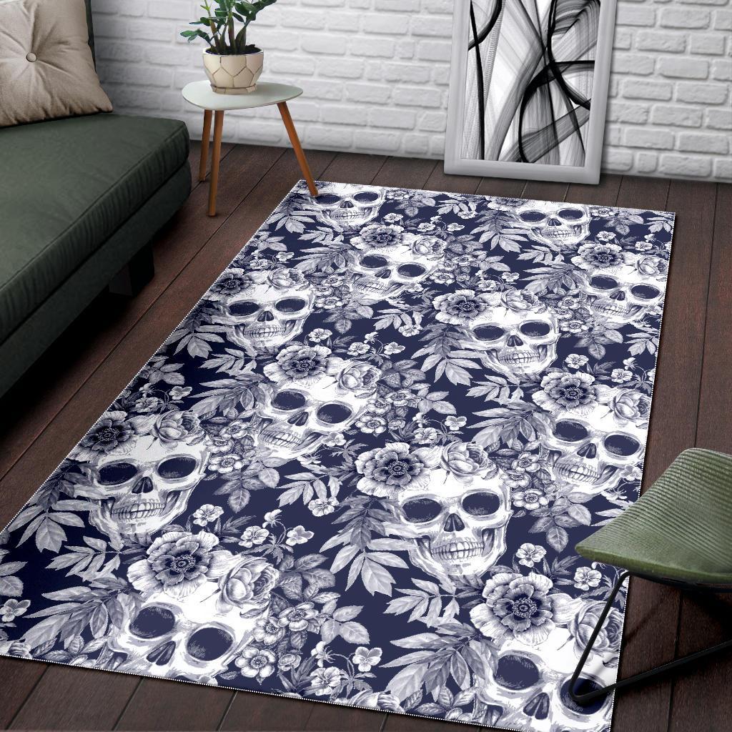 White Blue Skull Floral Pattern Print Area Rug