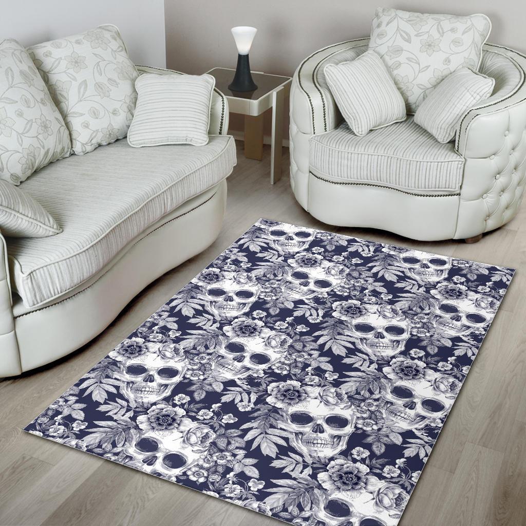 White Blue Skull Floral Pattern Print Area Rug