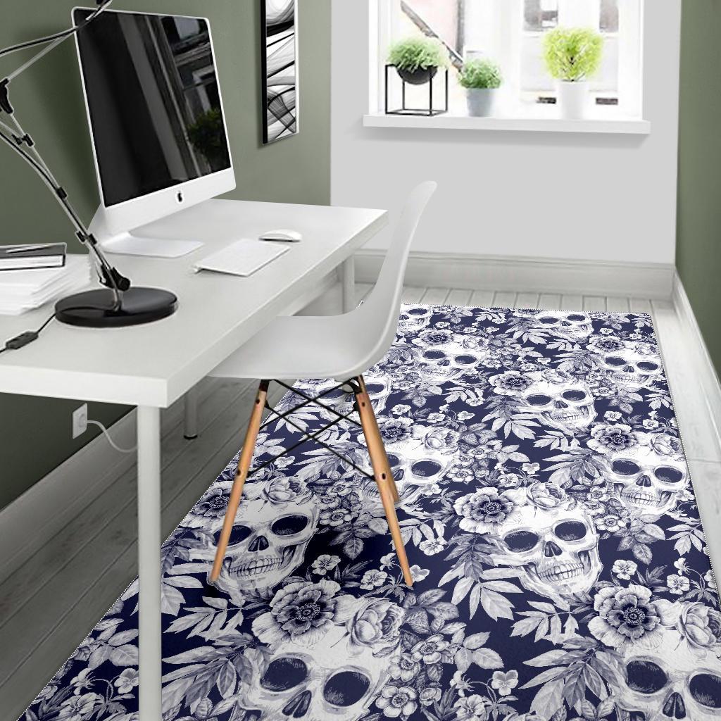 White Blue Skull Floral Pattern Print Area Rug
