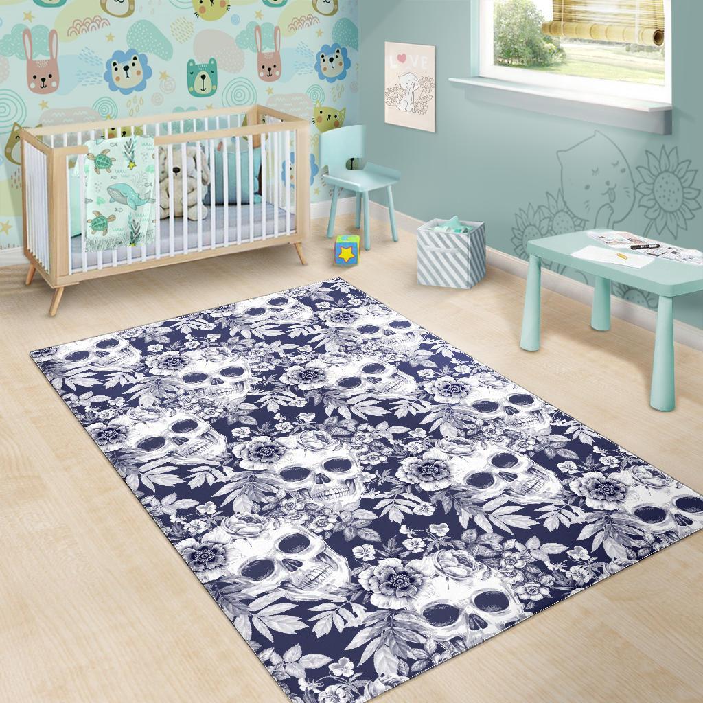White Blue Skull Floral Pattern Print Area Rug