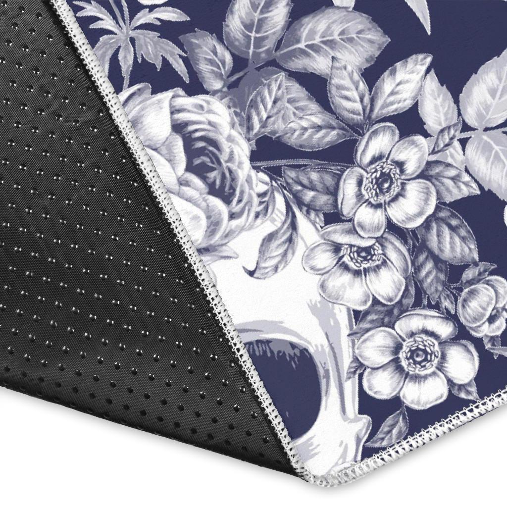 White Blue Skull Floral Pattern Print Area Rug