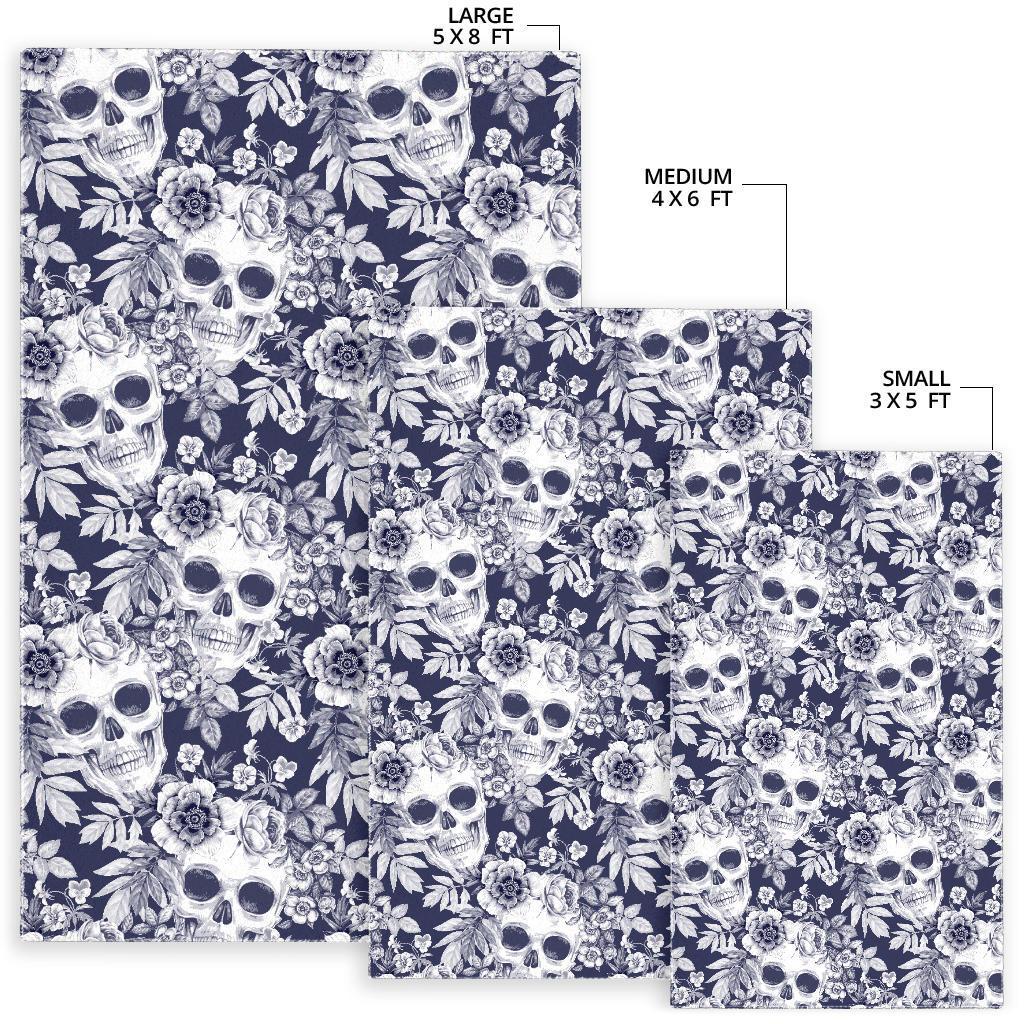 White Blue Skull Floral Pattern Print Area Rug