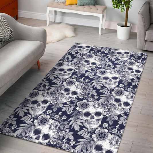 White Blue Skull Floral Pattern Print Area Rug