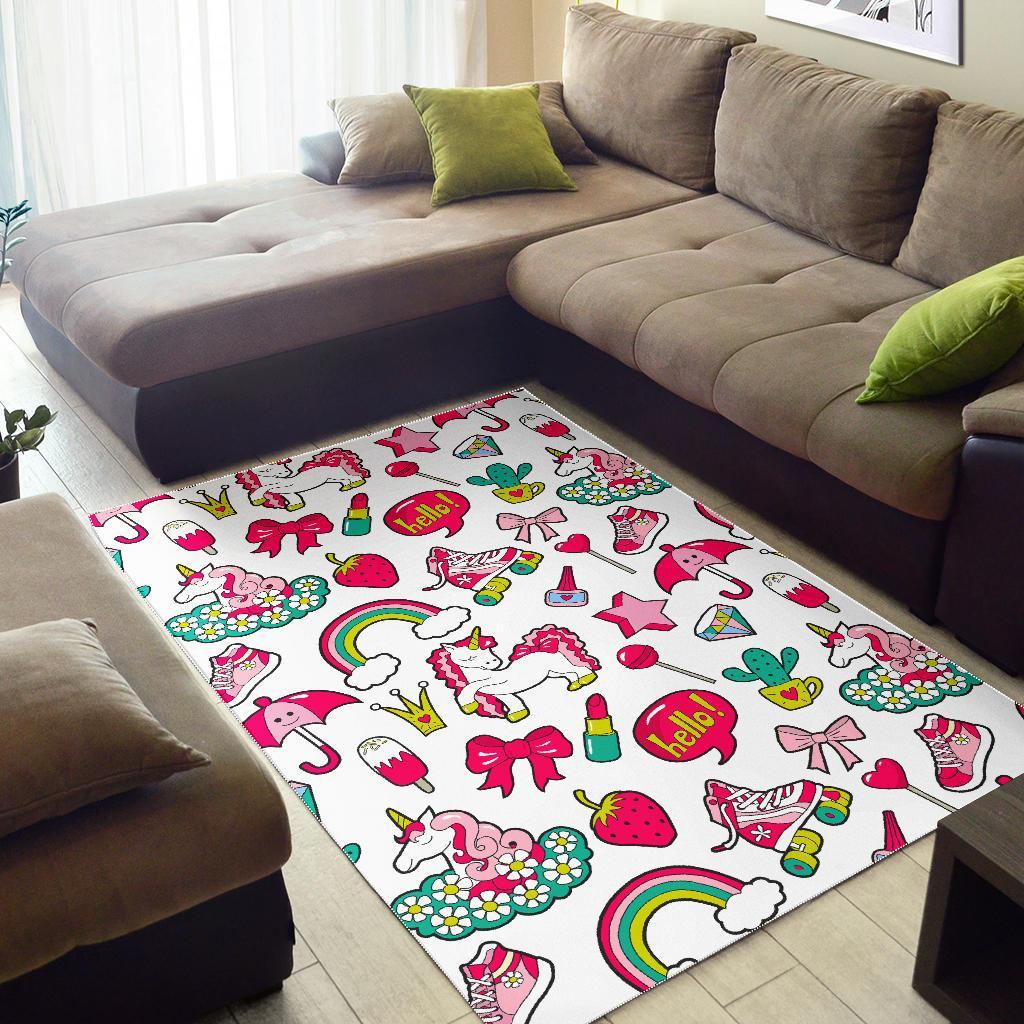 White Girly Unicorn Pattern Print Area Rug